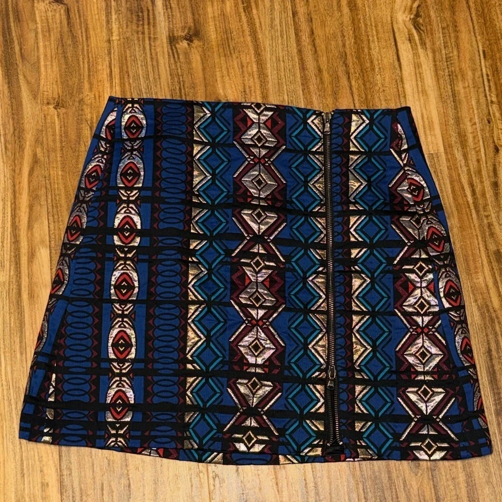 J crew women 12 large skirt mini knee zip split Geometric Blue Black silver gold